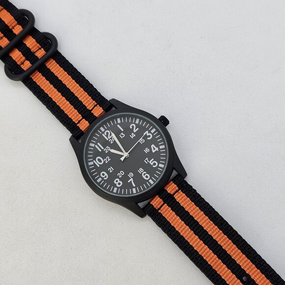 Field Military Men's Watch 42MM Black Case Dial Black Orange Canvas Band Straps‎ - Picture 2 of 16
